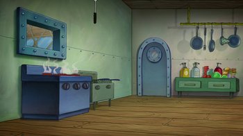 Movie still from “The SpongeBob Movie: Sponge Out of Water” (2015), directed by Mike Mitchell – An animated room with a stove , mirror , and sink; Extreme Wide shot, High angle