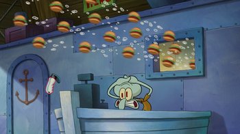 Movie still from “The SpongeBob Movie: Sponge Out of Water” (2015), directed by Mike Mitchell – An animated character sitting at a counter in a restaurant; Extreme Wide shot, High angle