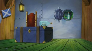 Movie still from “The SpongeBob Movie: Sponge Out of Water” (2015), directed by Mike Mitchell – An old chest with a bottle of alcohol inside of it; Extreme Wide shot, High angle