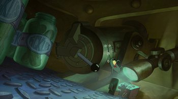 Movie still from “The SpongeBob Movie: Sponge Out of Water” (2015), directed by Mike Mitchell – A picture of the inside of a room with a clock; Wide shot, High angle