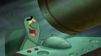 Movie still from “The SpongeBob Movie: Sponge Out of Water” (2015), directed by Mike Mitchell – A cartoon of a bug sitting in front of a computer mouse; Medium shot, Overhead angle