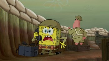 Movie still from “The SpongeBob Movie: Sponge Out of Water” (2015), directed by Mike Mitchell – A spongebob and patrick in a scene from the spongebob movie : sponge out of water; Medium shot, High angle