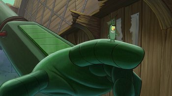 Movie still from “The SpongeBob Movie: Sponge Out of Water” (2015), directed by Mike Mitchell – A giant green hand with a cartoon character on it; Extreme Wide shot, Low angle