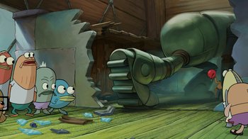Movie still from “The SpongeBob Movie: Sponge Out of Water” (2015), directed by Mike Mitchell – An animated scene of a blue bird looking at a giant robot; Wide shot, High angle