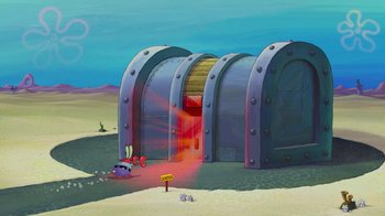 Movie still from “The SpongeBob Movie: Sponge Out of Water” (2015), directed by Mike Mitchell – An image of an animated scene with a car in front of a building; Extreme Wide shot, High angle