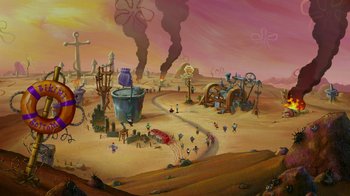 Movie still from “The SpongeBob Movie: Sponge Out of Water” (2015), directed by Mike Mitchell – An oil field is shown in a cartoon style; Extreme Wide shot, High angle