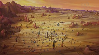Movie still from “The SpongeBob Movie: Sponge Out of Water” (2015), directed by Mike Mitchell – An oil painting of an area with a lot of people in it; Extreme Wide shot, High angle
