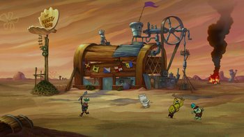 Movie still from “The SpongeBob Movie: Sponge Out of Water” (2015), directed by Mike Mitchell – An animated picture of a cartoon scene with a pirate ship and other characters; Extreme Wide shot, High angle