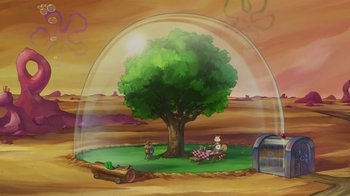 Movie still from “The SpongeBob Movie: Sponge Out of Water” (2015), directed by Mike Mitchell – An illustration of a tree in a glass dome; Extreme Wide shot, High angle