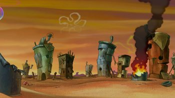 Movie still from “The SpongeBob Movie: Sponge Out of Water” (2015), directed by Mike Mitchell – An artistic painting of a desert scene with buildings and a fire in the background; Extreme Wide shot, High angle