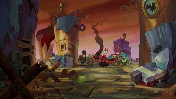 Movie still from “The SpongeBob Movie: Sponge Out of Water” (2015), directed by Mike Mitchell – A group of people sitting in front of a building on the ground; Extreme Wide shot, High angle