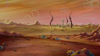 Movie still from “The SpongeBob Movie: Sponge Out of Water” (2015), directed by Mike Mitchell – An oil painting of an alien invasion in the desert; Extreme Wide shot, High angle
