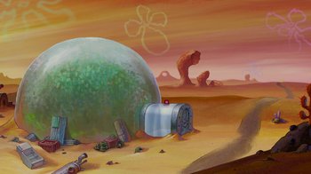 Movie still from “The SpongeBob Movie: Sponge Out of Water” (2015), directed by Mike Mitchell – An artistic painting of an alien landscape with a green ball; Extreme Wide shot, High angle