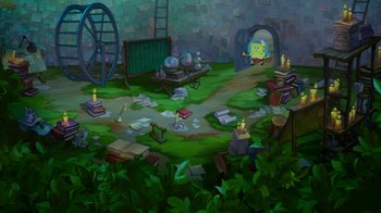 Movie still from “The SpongeBob Movie: Sponge Out of Water” (2015), directed by Mike Mitchell – An artistic rendering of a room with books and a television; Extreme Wide shot, High angle
