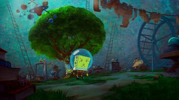 Movie still from “The SpongeBob Movie: Sponge Out of Water” (2015), directed by Mike Mitchell – A cartoon picture of a tree with a bubble in the middle of it; Extreme Wide shot, High angle