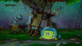 Movie still from “The SpongeBob Movie: Sponge Out of Water” (2015), directed by Mike Mitchell – A spongebob squarepants character sitting in front of a tree; Extreme Wide shot, High angle