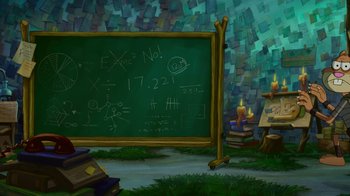 Movie still from “The SpongeBob Movie: Sponge Out of Water” (2015), directed by Mike Mitchell – A chalkboard in the middle of a field with candles; Extreme Wide shot, High angle