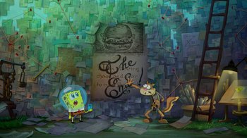 Movie still from “The SpongeBob Movie: Sponge Out of Water” (2015), directed by Mike Mitchell – A painting of spongebob and squidward in a room; Extreme Wide shot, High angle