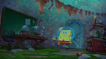 Movie still from “The SpongeBob Movie: Sponge Out of Water” (2015), directed by Mike Mitchell – A spongebob squarepants cartoon is shown in a painting; Extreme Wide shot, High angle