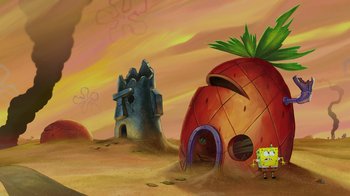 Movie still from “The SpongeBob Movie: Sponge Out of Water” (2015), directed by Mike Mitchell – An image of an animated cartoon with a castle in the background; Extreme Wide shot, High angle