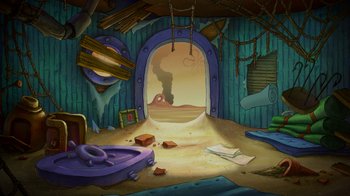 Movie still from “The SpongeBob Movie: Sponge Out of Water” (2015), directed by Mike Mitchell – An animated scene of a room with a sink and toilet in it; Extreme Wide shot, High angle