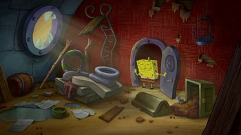 Movie still from “The SpongeBob Movie: Sponge Out of Water” (2015), directed by Mike Mitchell – A spongebob squarepants cartoon scene with a door open; Extreme Wide shot, High angle