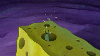Movie still from “The SpongeBob Movie: Sponge Out of Water” (2015), directed by Mike Mitchell – An illustration of an area with a hole in the ground; Extreme Wide shot, High angle