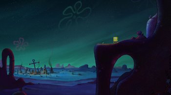 Movie still from “The SpongeBob Movie: Sponge Out of Water” (2015), directed by Mike Mitchell – An animated picture of a scene from a spongebob movie; Extreme Wide shot, High angle