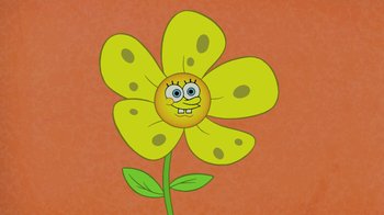 Movie still from “The SpongeBob Movie: Sponge Out of Water” (2015), directed by Mike Mitchell – A yellow flower with a smiling face on it's petals; Extreme Close Up shot, Low angle