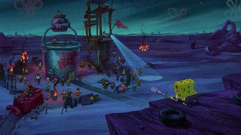 Movie still from “The SpongeBob Movie: Sponge Out of Water” (2015), directed by Mike Mitchell – A group of people standing on top of an island; Extreme Wide shot, High angle