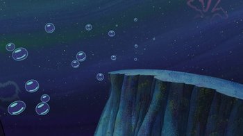 Movie still from “The SpongeBob Movie: Sponge Out of Water” (2015), directed by Mike Mitchell – An illustration of a cliff with bubbles floating in the sky; Extreme Wide shot, Overhead angle