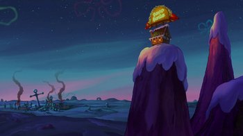 Movie still from “The SpongeBob Movie: Sponge Out of Water” (2015), directed by Mike Mitchell – An illustration of an island in the middle of the night; Extreme Wide shot, High angle