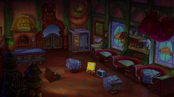 Movie still from “The SpongeBob Movie: Sponge Out of Water” (2015), directed by Mike Mitchell – A spongebob squarepants cartoon scene with a room filled with furnishings; Extreme Wide shot, High angle