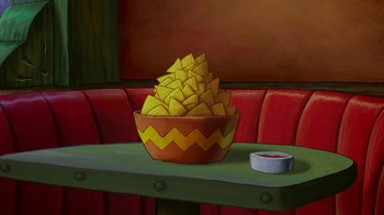 Movie still from “The SpongeBob Movie: Sponge Out of Water” (2015), directed by Mike Mitchell – A bowl of food on a table in a room; Extreme Wide shot, High angle