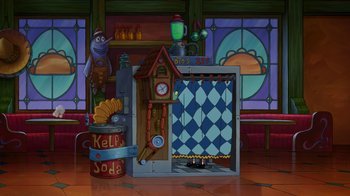 Movie still from “The SpongeBob Movie: Sponge Out of Water” (2015), directed by Mike Mitchell – An animated scene of a room with a clock and a clock tower; Extreme Wide shot, High angle