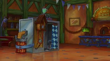 Movie still from “The SpongeBob Movie: Sponge Out of Water” (2015), directed by Mike Mitchell – An animated scene of a room with a refrigerator and a clock; Extreme Wide shot, High angle