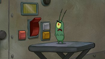 Movie still from “The SpongeBob Movie: Sponge Out of Water” (2015), directed by Mike Mitchell – An animated character is standing on a table; Medium shot, High angle