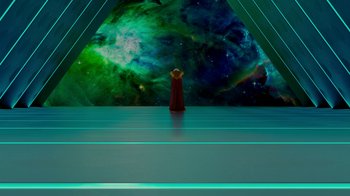 Movie still from “The SpongeBob Movie: Sponge Out of Water” (2015), directed by Mike Mitchell – An image of an image of a person standing in front of a space background; Extreme Wide shot, High angle