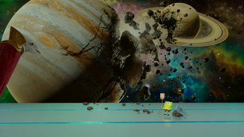 Movie still from “The SpongeBob Movie: Sponge Out of Water” (2015), directed by Mike Mitchell – An image of an asteroid crashing into the floor of a room; Extreme Wide shot, Overhead angle