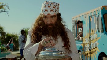 Movie still from “The SpongeBob Movie: Sponge Out of Water” (2015), directed by Mike Mitchell – A man with long hair and a beard is holding a silver dish; Close Up shot, Low angle