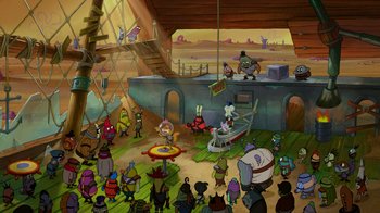 Movie still from “The SpongeBob Movie: Sponge Out of Water” (2015), directed by Mike Mitchell – A group of people standing in a room; Extreme Wide shot, High angle