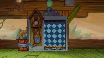 Movie still from “The SpongeBob Movie: Sponge Out of Water” (2015), directed by Mike Mitchell – A clock is on the wall of a room; Wide shot, High angle