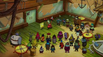 Movie still from “The SpongeBob Movie: Sponge Out of Water” (2015), directed by Mike Mitchell – A group of people standing around in a room; Extreme Wide shot, High angle