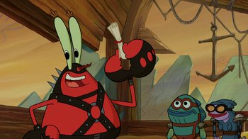 Movie still from “The SpongeBob Movie: Sponge Out of Water” (2015), directed by Mike Mitchell – A group of cartoon characters are standing in a room; Medium shot, Over the shoulder angle