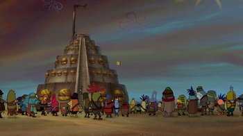 Movie still from “The SpongeBob Movie: Sponge Out of Water” (2015), directed by Mike Mitchell – A group of people standing in front of a pyramid; Extreme Wide shot, High angle