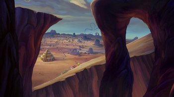 Movie still from “The SpongeBob Movie: Sponge Out of Water” (2015), directed by Mike Mitchell – A painting of a desert with a bunch of people on it; Extreme Wide shot, High angle