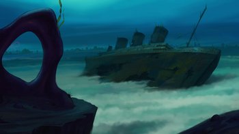 Movie still from “The SpongeBob Movie: Sponge Out of Water” (2015), directed by Mike Mitchell – An ocean scene with a ship in the background; Extreme Wide shot, Low angle