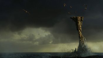 Movie still from “The SpongeBob Movie: Sponge Out of Water” (2015), directed by Mike Mitchell – Birds flying over a cliff in the middle of the ocean; Extreme Wide shot, Low angle