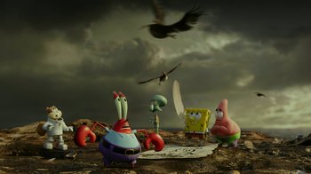 Movie still from “The SpongeBob Movie: Sponge Out of Water” (2015), directed by Mike Mitchell – A group of cartoon characters sitting on top of a hill; Extreme Wide shot, High angle