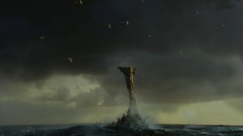 Movie still from “The SpongeBob Movie: Sponge Out of Water” (2015), directed by Mike Mitchell – Birds flying in the sky over a body of water; Extreme Wide shot, Low angle